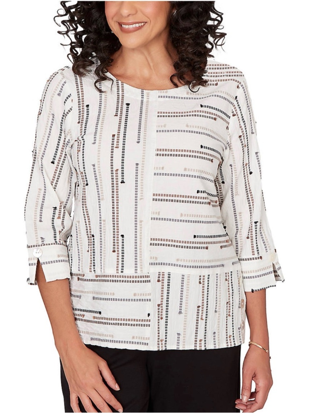Alfred Dunner White Brown and Black Patterned Cotton Tunic